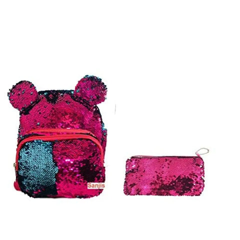 Sanjis Enterprise Sequins Backpack for Girls Travelling, School College Office Casual Daily use Bag for Kids (Pink)with sequins pouch. (Pink mickey sequin bag pack +sequins pouch pink)