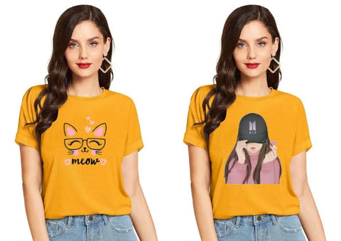 Elegant Yellow Cotton Printed Round Neck T-Shirts For Women- Pack Of  2