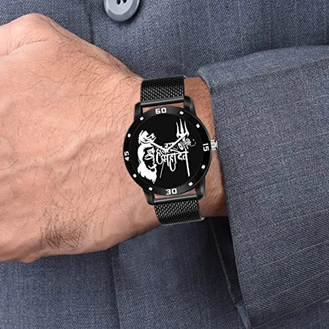HAPPY KHAJANA Black MATT Finish HAR HAR MAHADEV Watch with Black PU Belt with Black Leather Brown RUDRAKSHA Bracelet