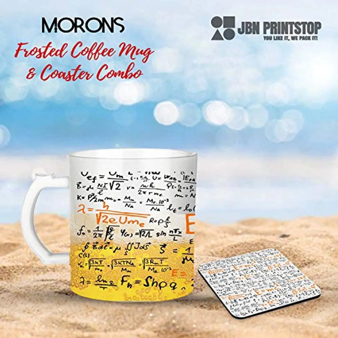 Morons Einstein Formula Mug with Quotes | Printed Glass Coffee/Beer Mug with Coaster for Science Lovers | 330 ml, [Pack of 2; 1 Mug  1 Coaster]