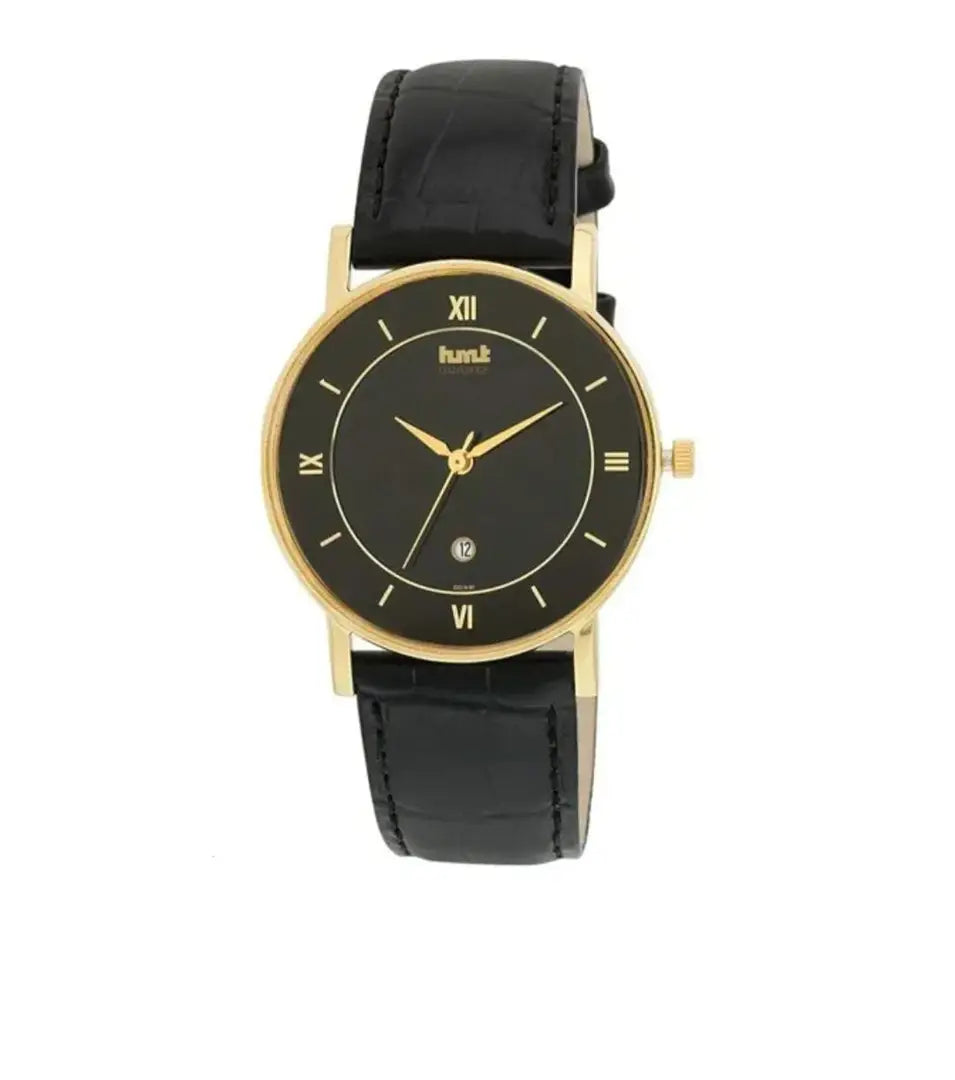Stylish Leather Round Shape Dial Black Analogue Watch For Men With Day And Date Display
